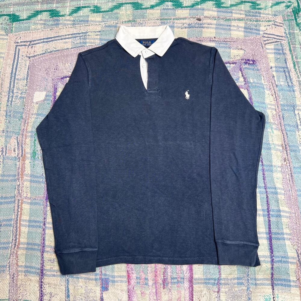Polo Ralph Lauren Rugby Shirt Men's Medium Custom Slim Fit Navy Long Sleeve READ